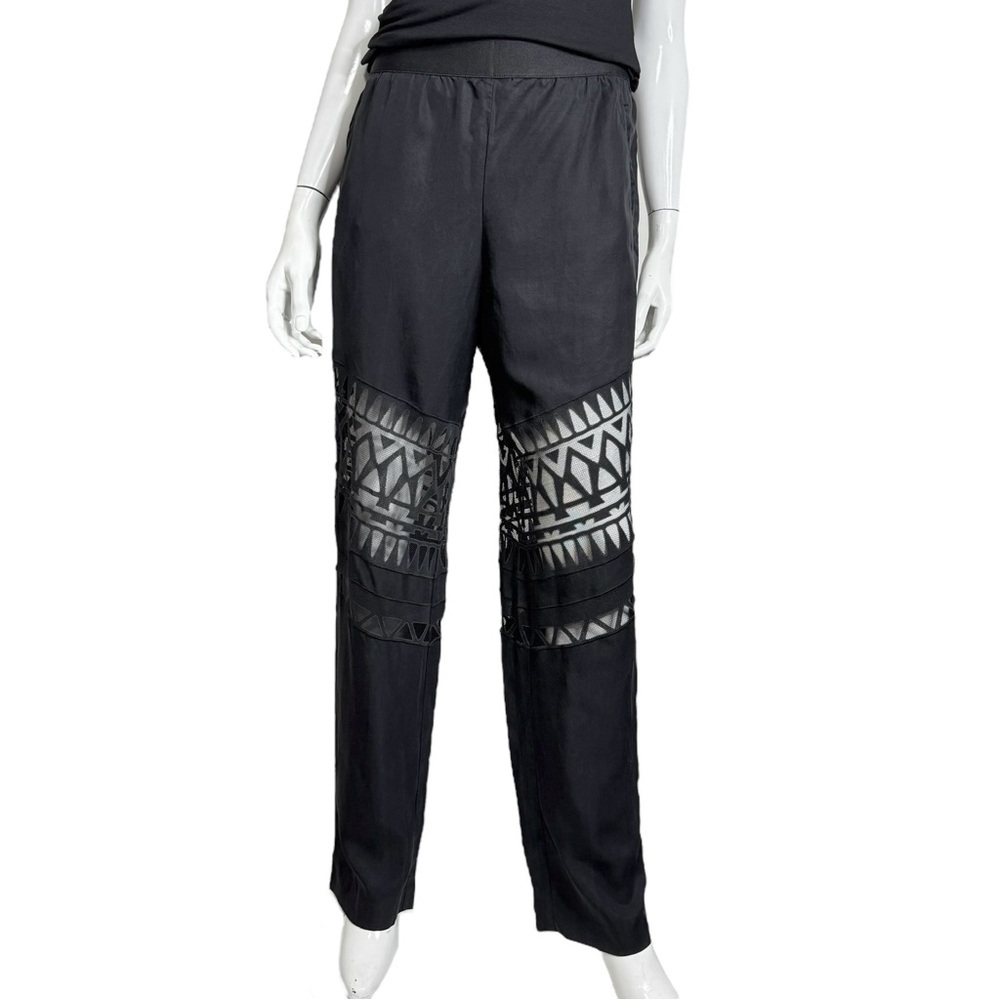 BCBGMaxAzria Black Geometric Sheer Mesh Cut Outs Pull-On Trousers - Picture 3 of 10